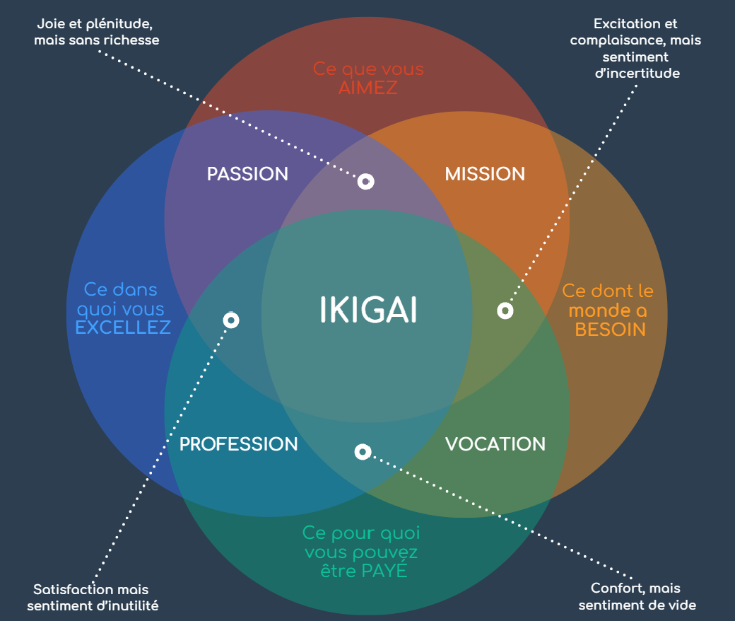 Diagramme Ikigai : Intersection de passion, mission, vocation et profession pour une vie épanouie